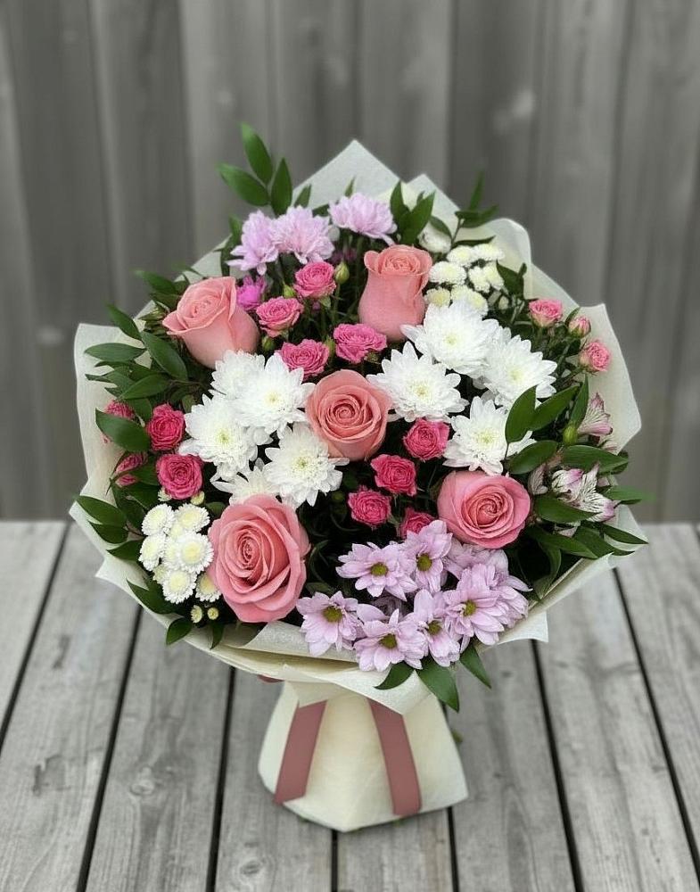 Букет цветов из: Альстромерии, Гвоздики, Розы и Хризантемы в Краснощёково