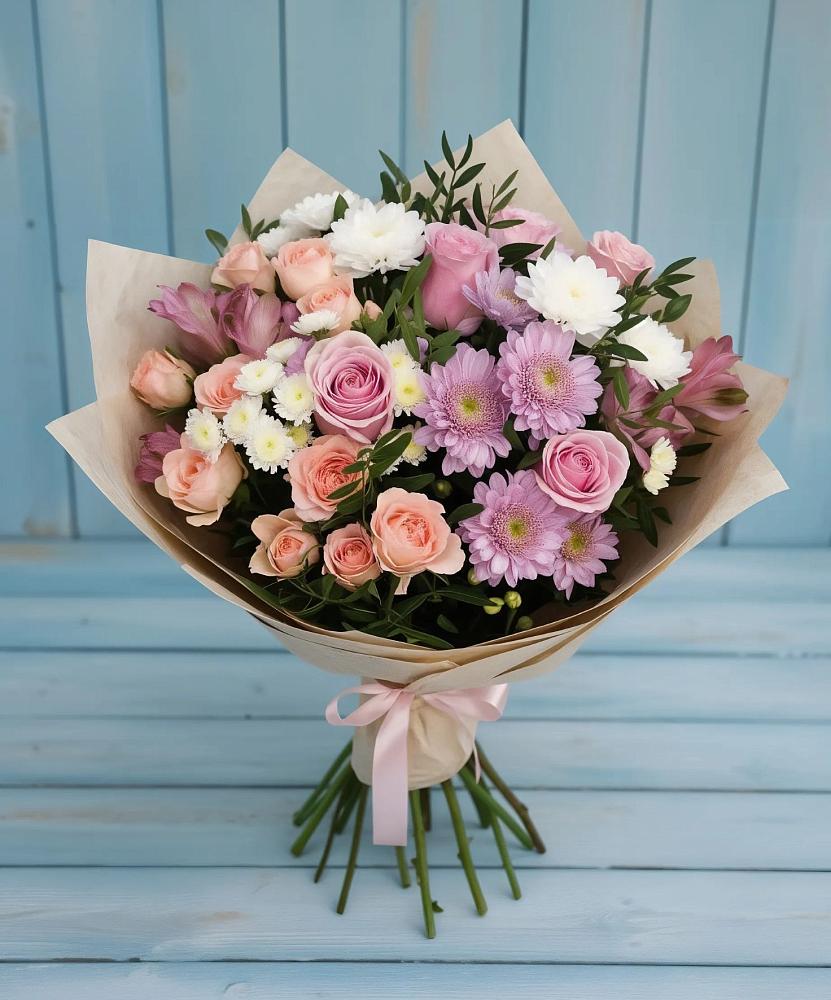 Букет цветов из: Хризантемы, Розы и Альстромерии в Краснощёково