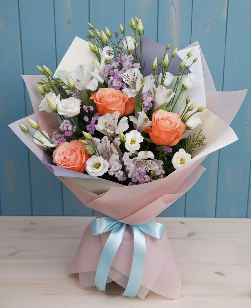Букет цветов из: Лизиантусы, Розы, Альстромерии и Гипсофила в Краснощёково