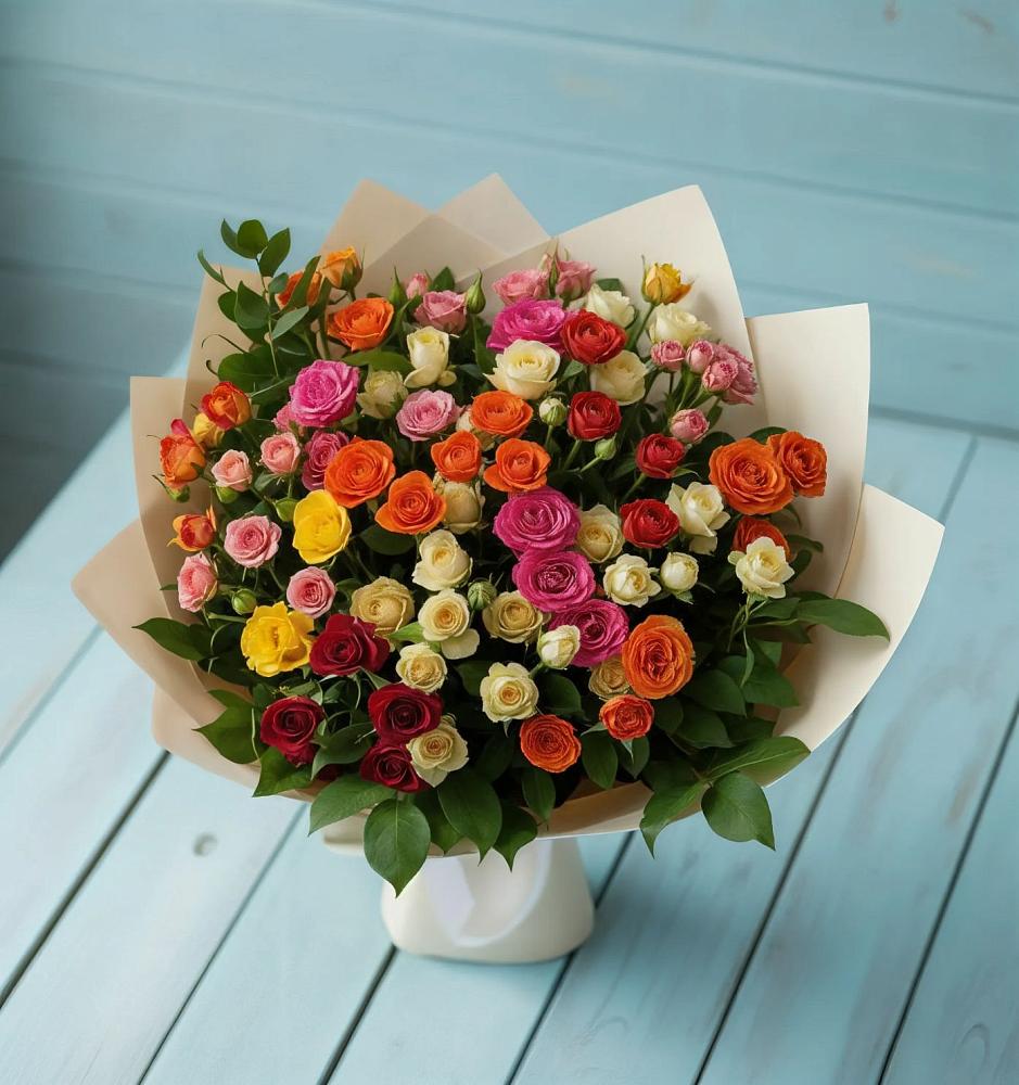 Букет Микс из разноцветных кустовых роз в Краснощёково