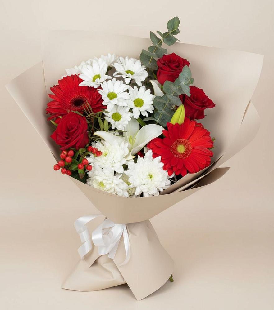 Букет цветов из: Розы, Хризантемы, Герберы и Лилии в Краснощёково