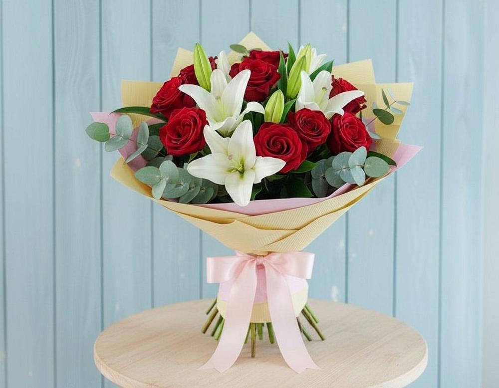 Букет цветов из: Лилии и Розы в Краснощёково